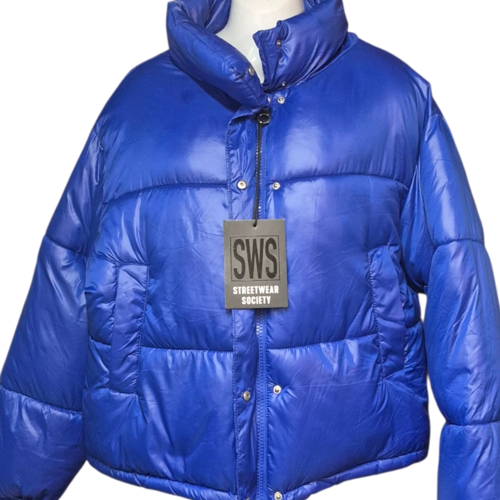 New Streetwear Society Jacket Women's Size Medium Bold Blue Puffer Bomber